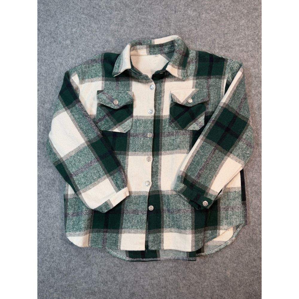 Vintage Green Plaid Flannel Shirt Jacket Mens Large Heavyweight Shacket Pocket